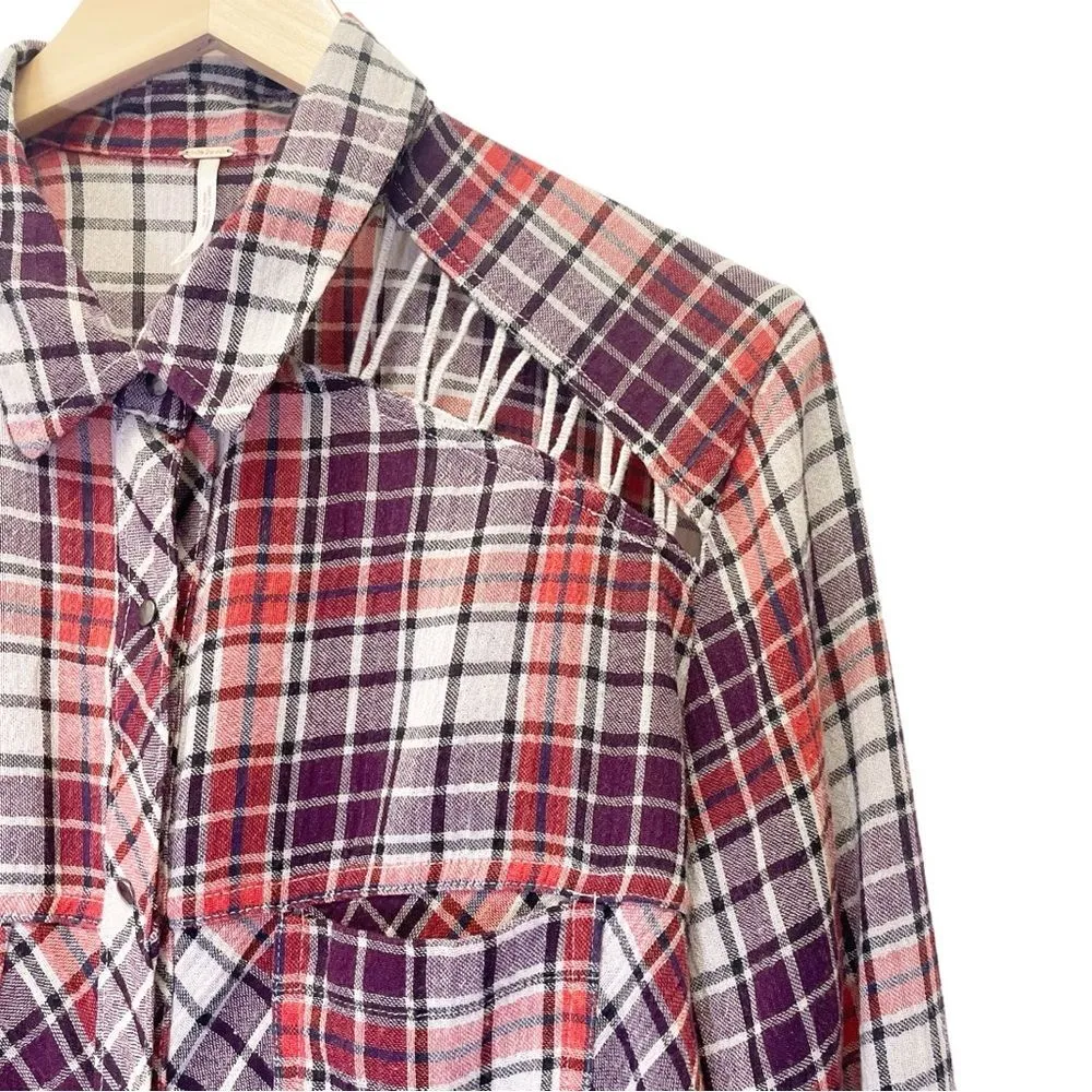 Free People Stitch Detail Plaid Boho Western Snap Shirt in Ash Combo Size Medium - Image 11