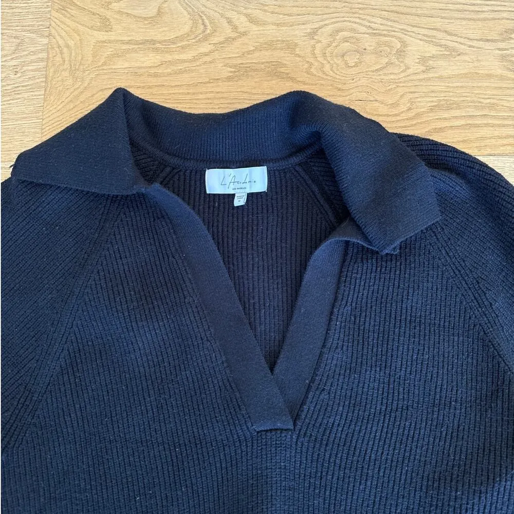 L’Academie - Harvey Open Neck Collared Long Sleeve Rib Sweater in Black - Image 2