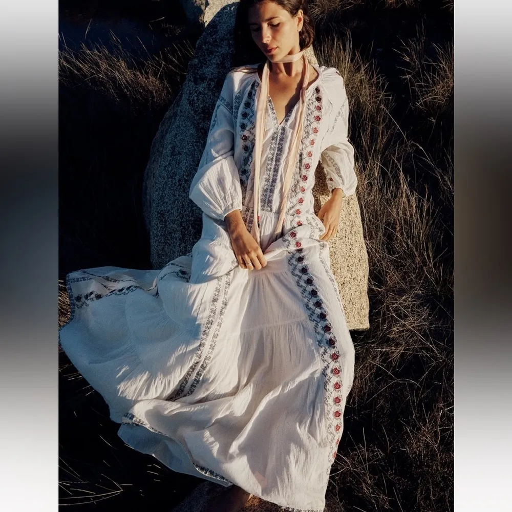 Zara Bohemian Summer Beach‎ Ecru Long Embroidered Skirt Size XS-S 100% Cotton - Image 17