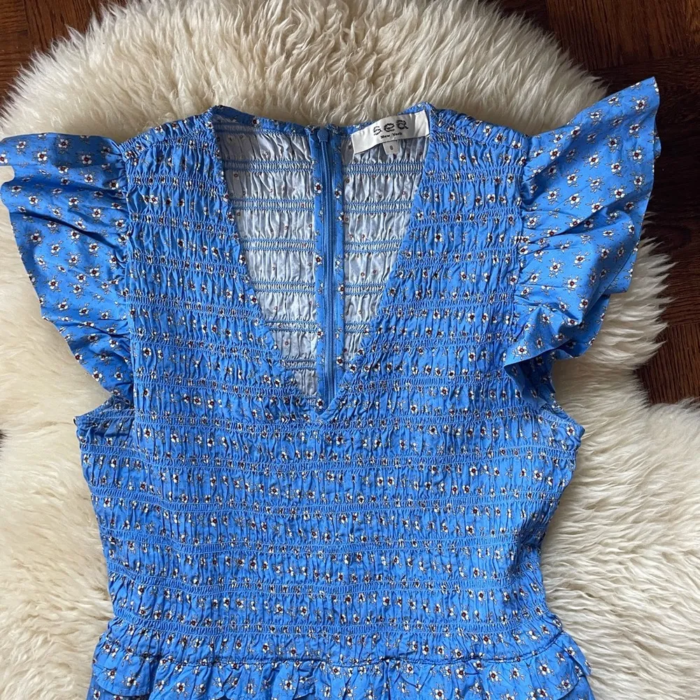 Sea New York Pascala Print Floral Smocked Tiered Midi Dress size 8 White - Image 6