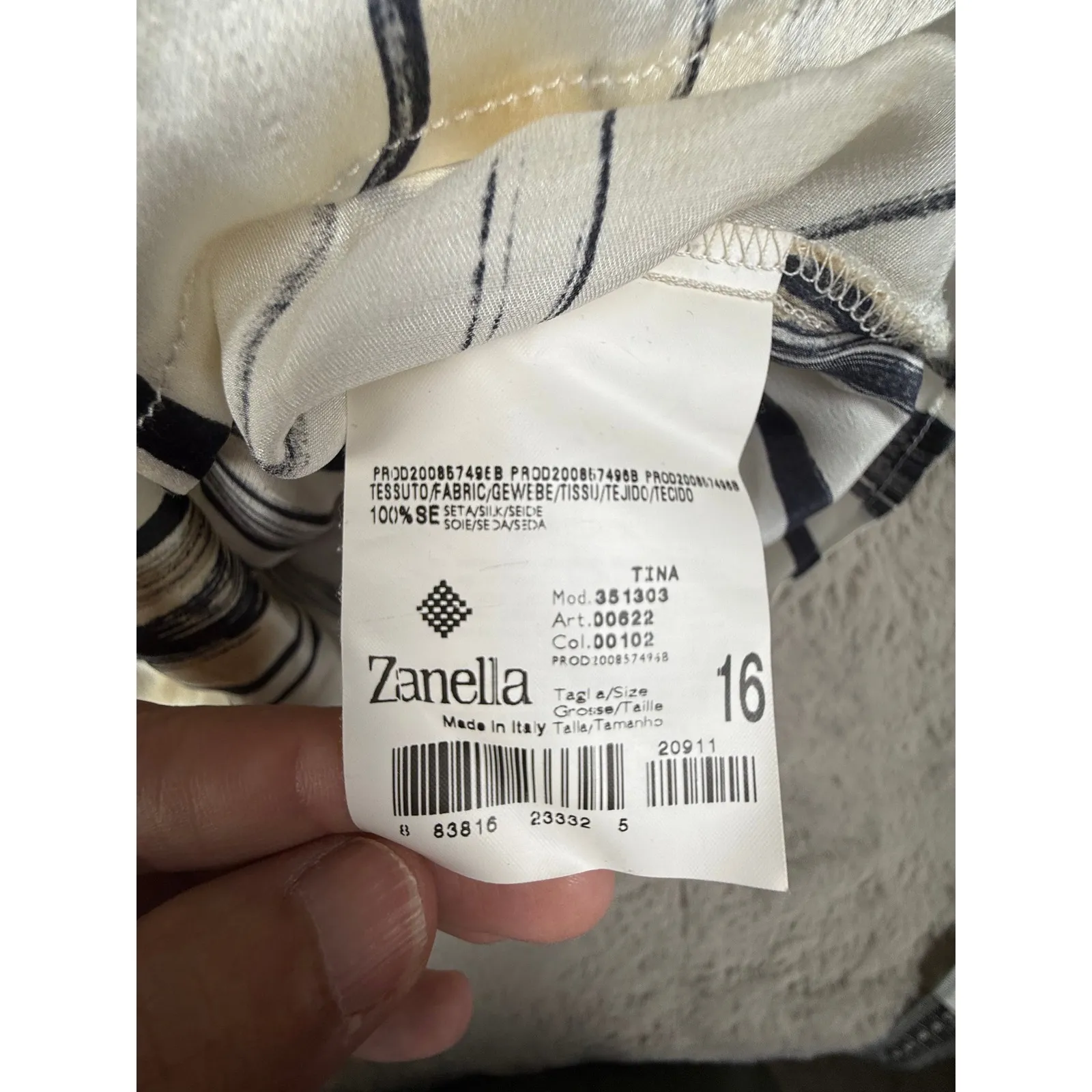 Zanella Italy‎ Silk Striped Button Down Shirt Women's Size 16 Long Sleeve Career White - Image 4