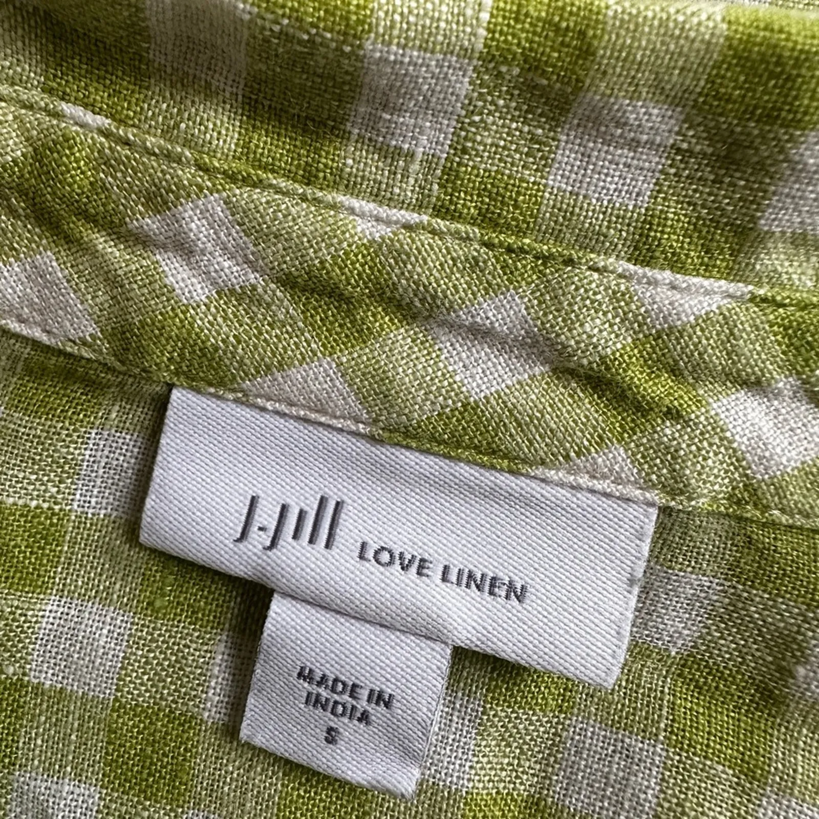 J. Jill 100% Linen Lime Green Gingham Shirt Long Sleeve Farm Country Spring - Image 6
