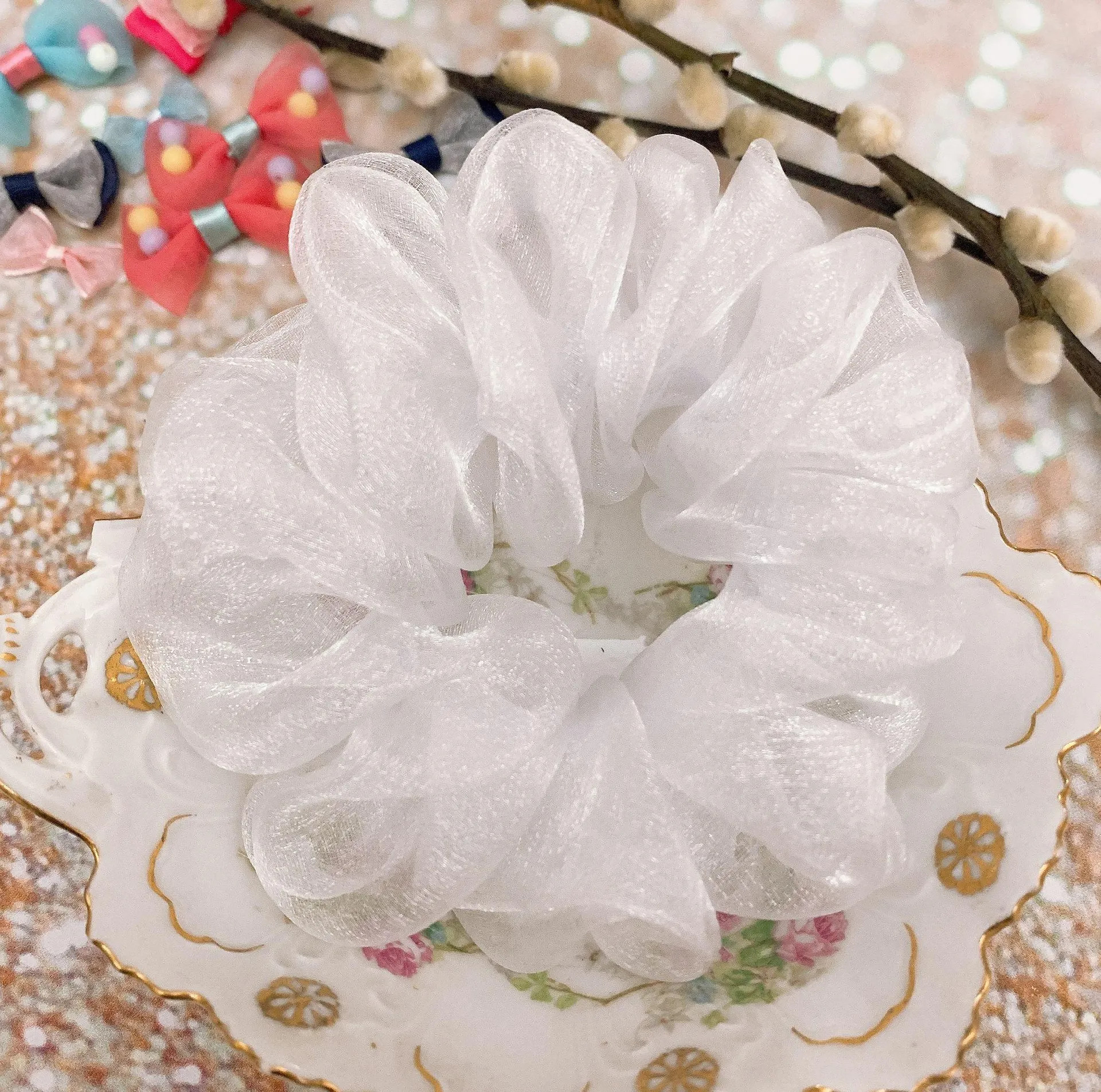 White Crystal Organza Hair Scrunchie - Image 2