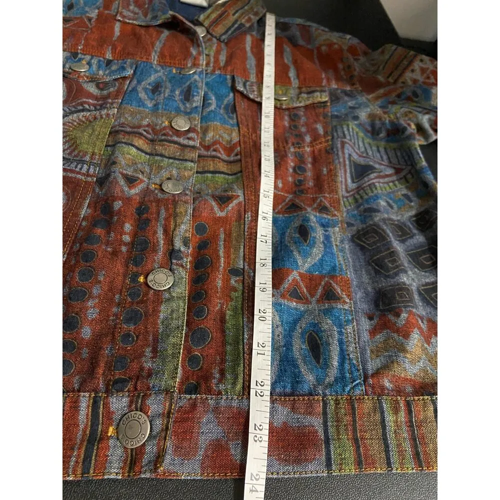 Chicos 1 Denim Jean Jacket Womens M Collar Long Slv Cotton Western Aztec Tribal - Image 9