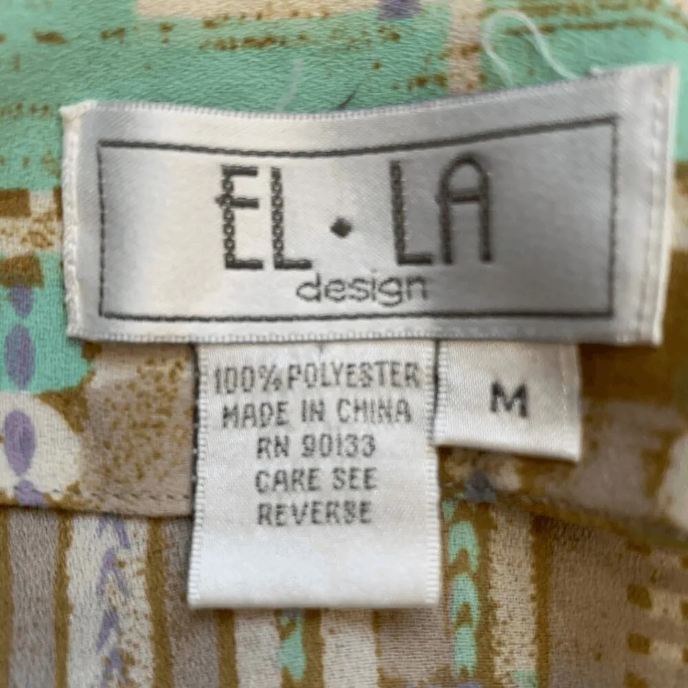 Vintage 90s Top Retro Pastel Geometric Print Tie Neck Blouse Semi Sheer Medium Blue - Image 9