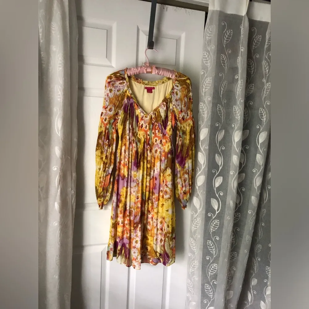 Sunny Leigh bright color floral short Hippie dress flutter sleeve women sz S - Image 4