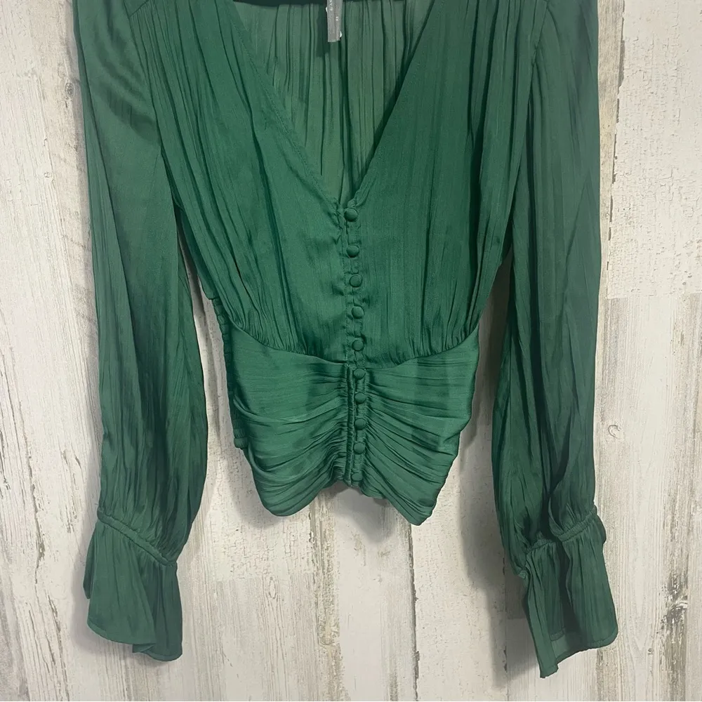 Anthropologie Sensual Plunge V-Neck Cinch Puff Sleeve Green Emerald  Top size XS - Image 4