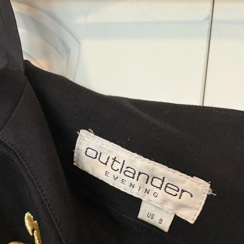 Outlander Evening Black Ponte Knit Gold Embroidery Off Shoulder Dress Size Small - Image 6