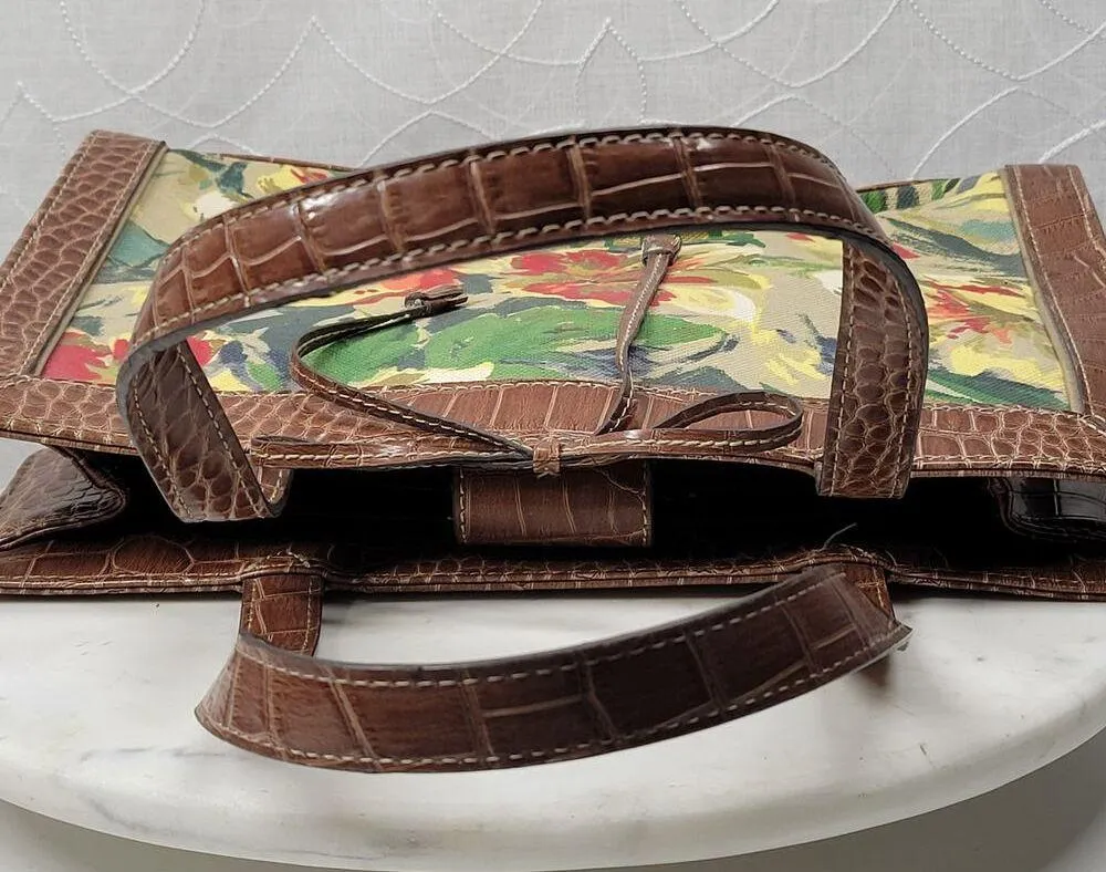Liz Claiborne Satchel Bag Med Floral Cotton Faux Leather Embossed Alligator - Image 2