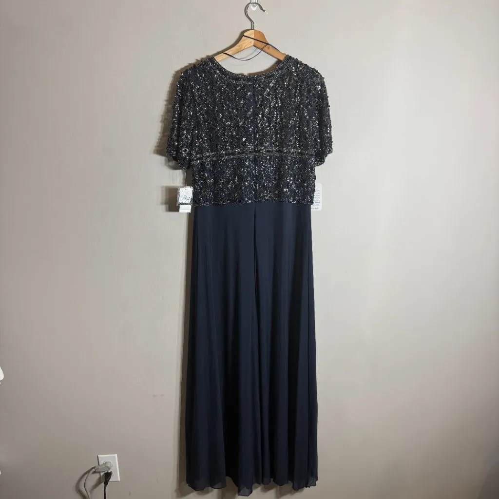 Pisarro Nights Beaded Bodice Chiffon Maxi Gown Womens 12 Blue Formal Wedding NWT - Image 4