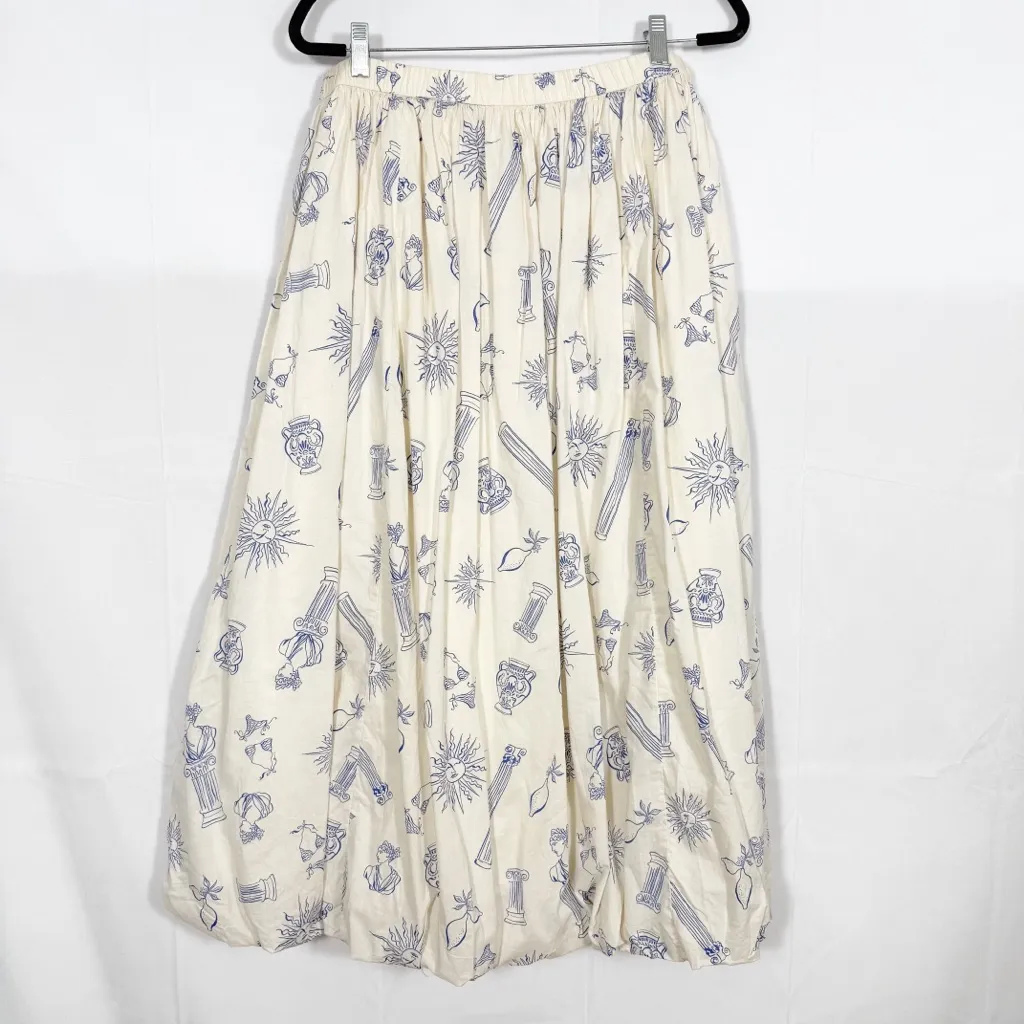 Lucky Brand Bubble Cotton Poplin Maxi Skirt Greece Travel Vacation Print Ecru - Image 6