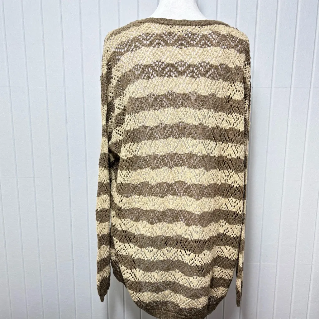 Peruvian Connection Vintage Crochet knit Brown and Cream Striped Sweater Size L - Image 5
