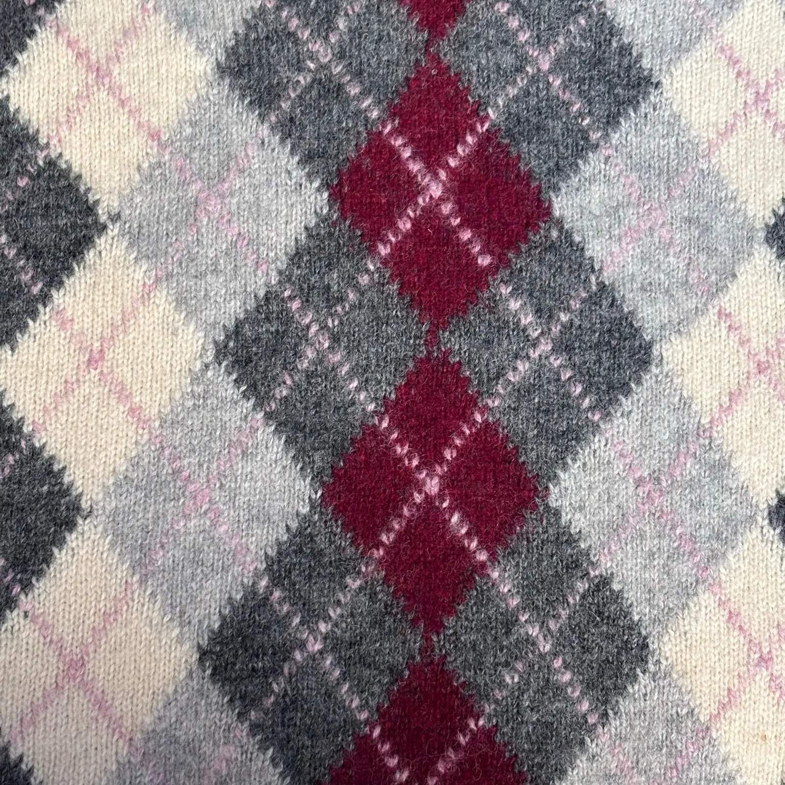 Vintage Gray Burgundy Argyle Sweater Vest High V Neck Wool Preppy Knit Unisex Size M - Image 7