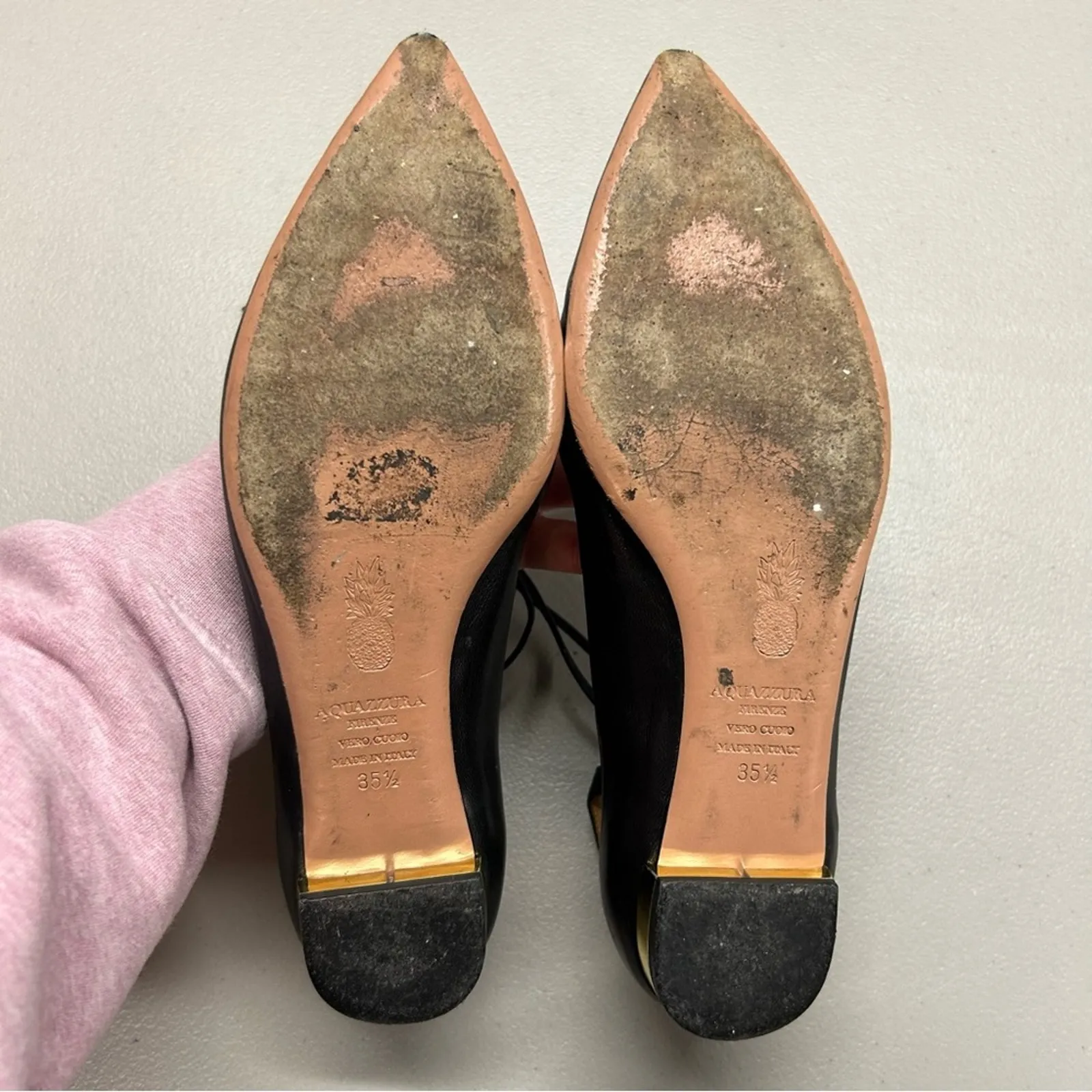 Aquazzura Christy Flat Black Leather Tie Up Lace Ankle Gold Plated EUR Size 35.5 - Image 8