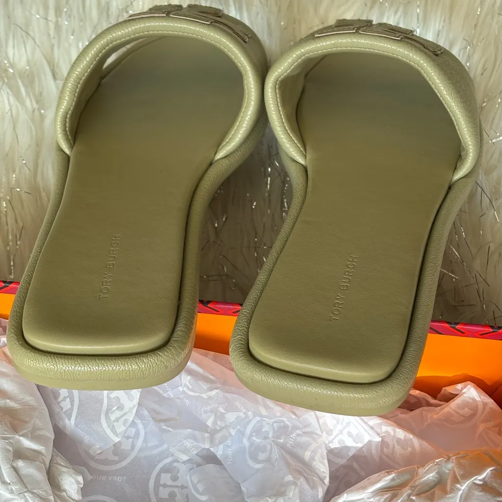 Tory Burch Olive Sprig Women’s Double T Sport Slide Tumbled Leather Size 9.5 - Image 10