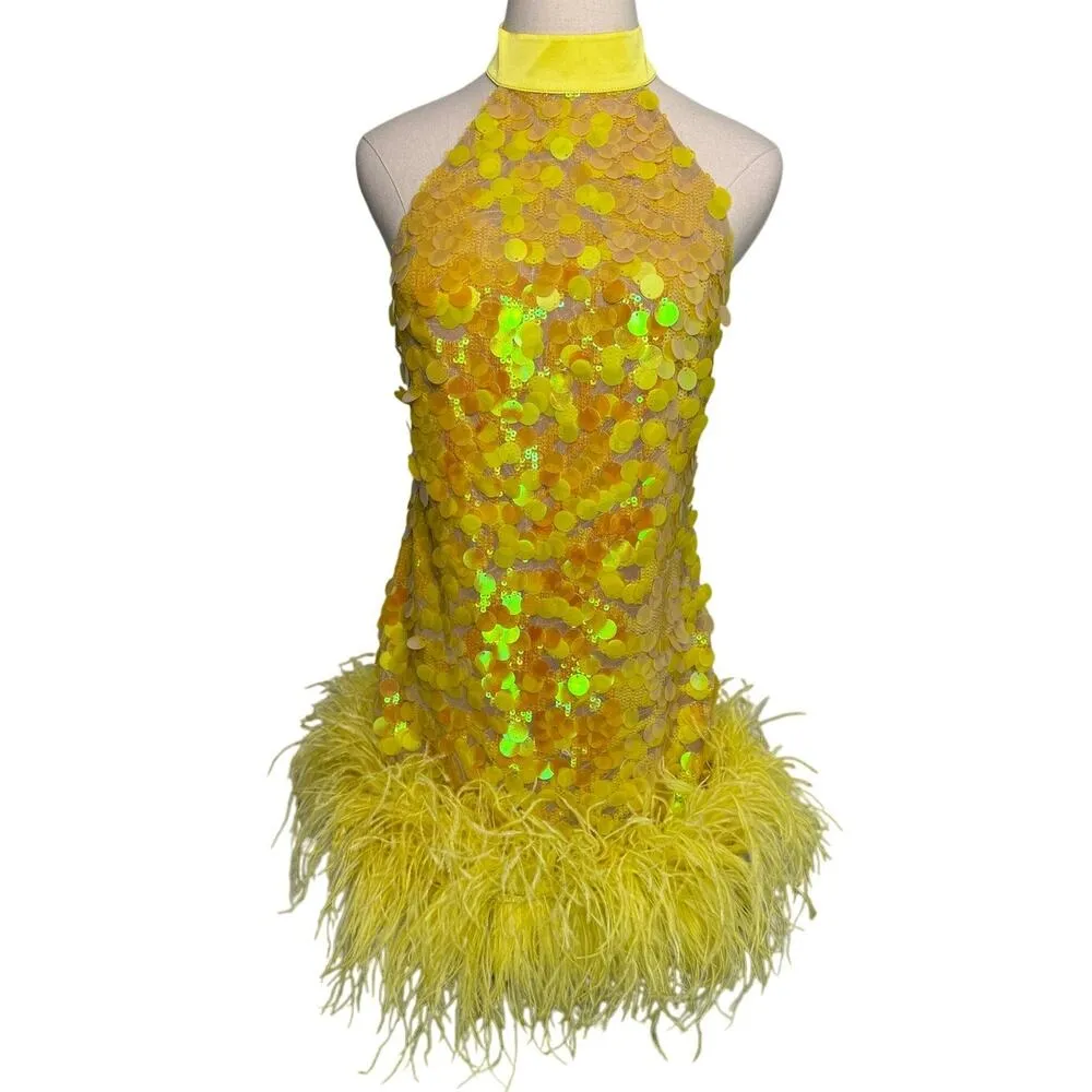 Bronx and Banco Izzy Sequin Feather Minidress yellow halter NEW size US 6 AU 10 - Image 7
