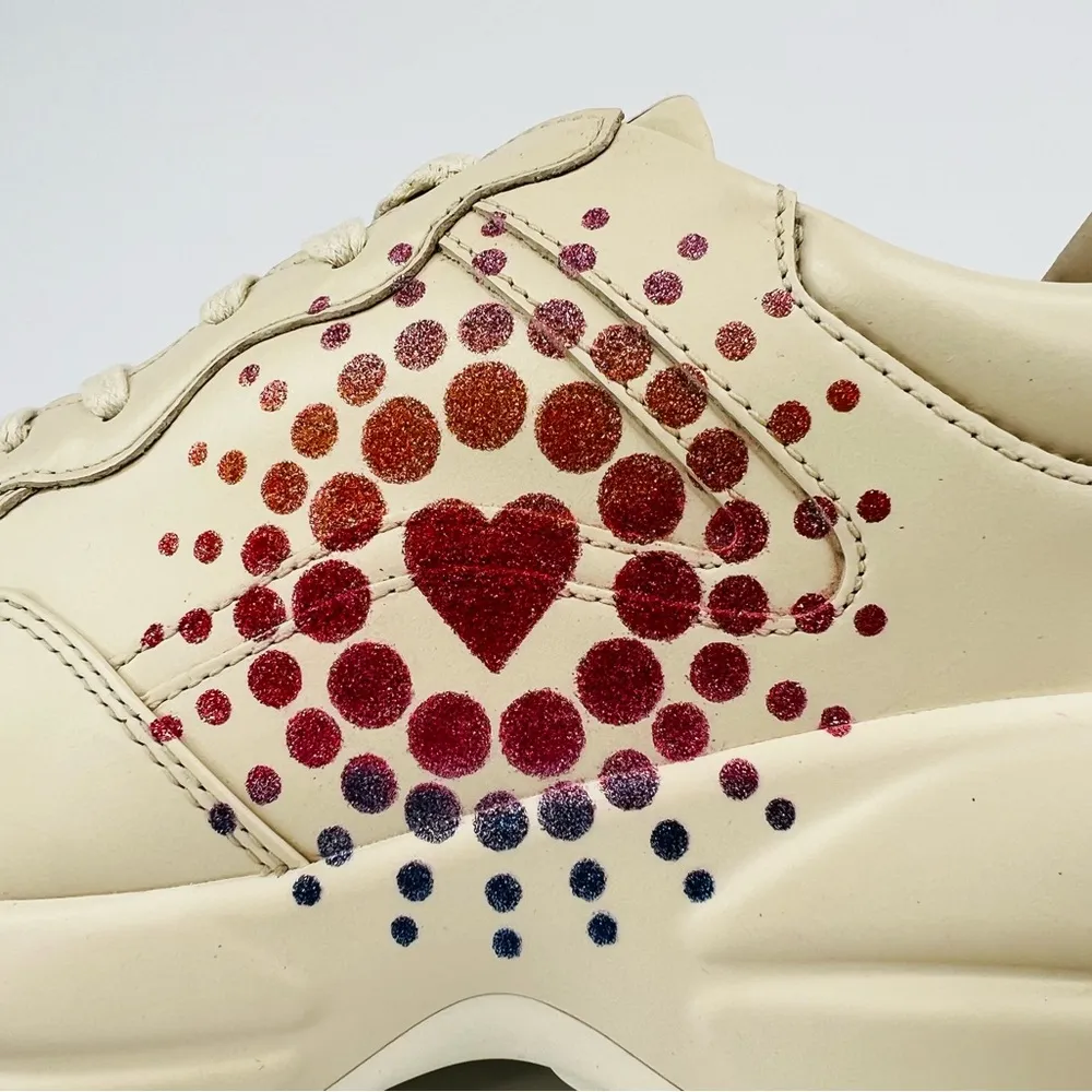 GUCCI Rhyton Love Parade Ivory Leather Glitter Heart Logo Sneakers Size EU 40.5 - Image 12