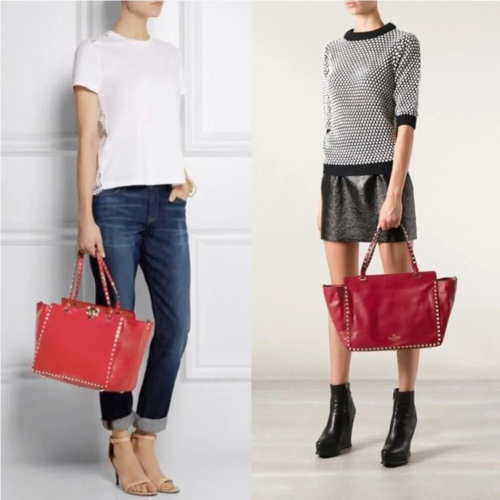 Valentino Rockstud Medium Trapeze Tote Red Leather Studded Luxury Designer - Image 2