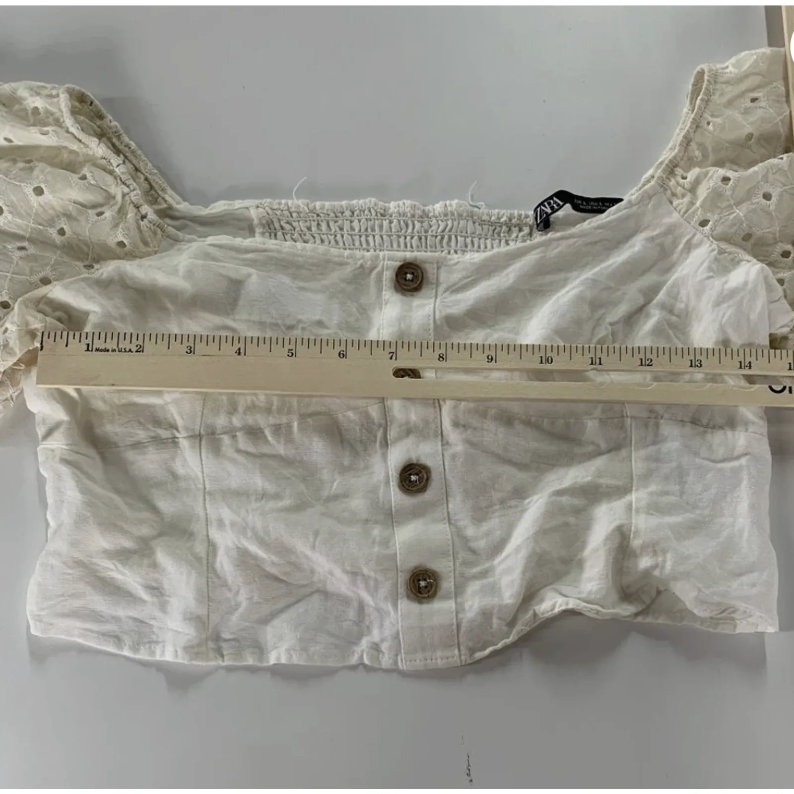 Zara Shirt Womens Large White Off Shoulder‎ Eyelet Ruffle Sleeve Button Crop Top - Image 6