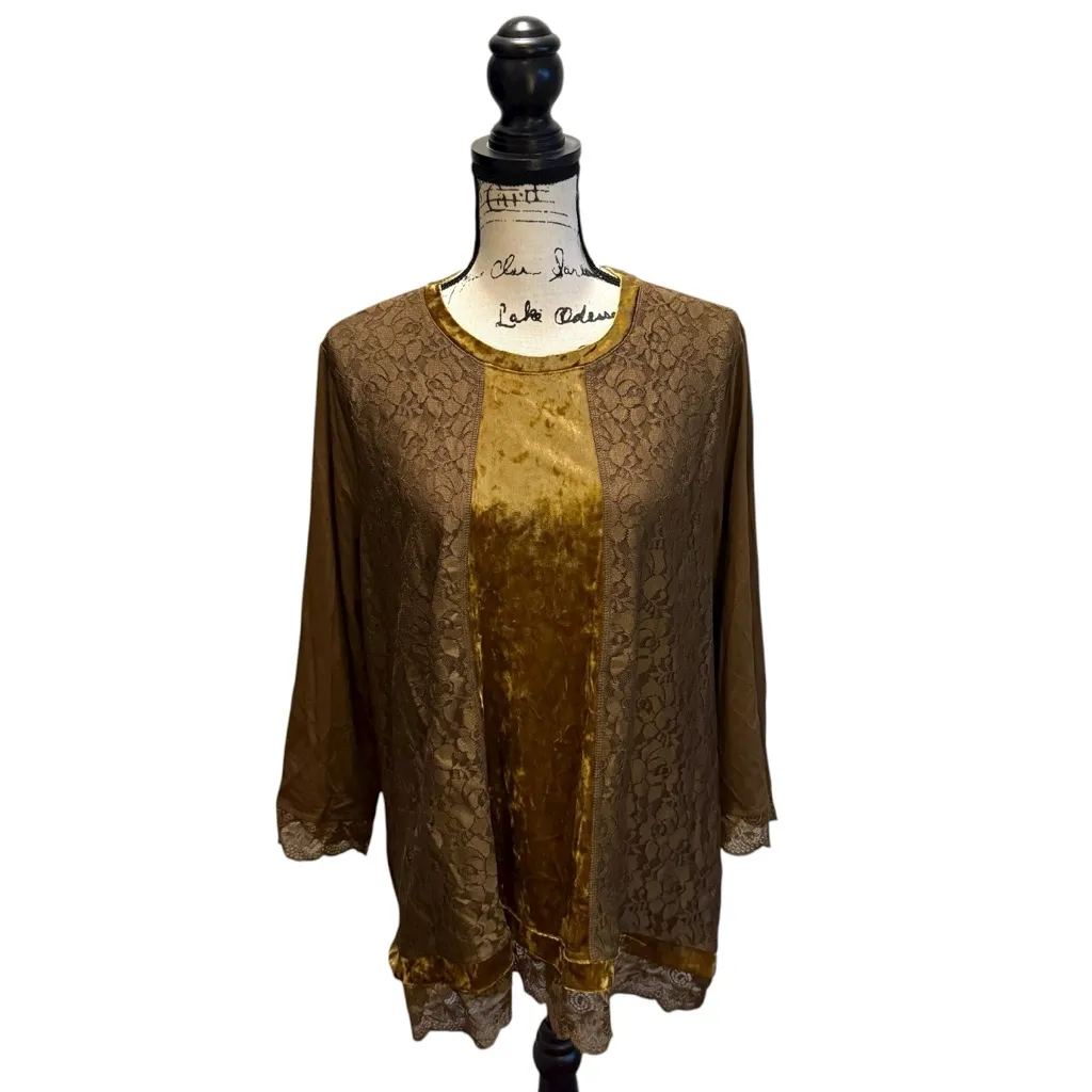 LOGO Lavish by Lori Goldstein Crushed Velvet Lace Brown Desert palm Size Large - Image 4