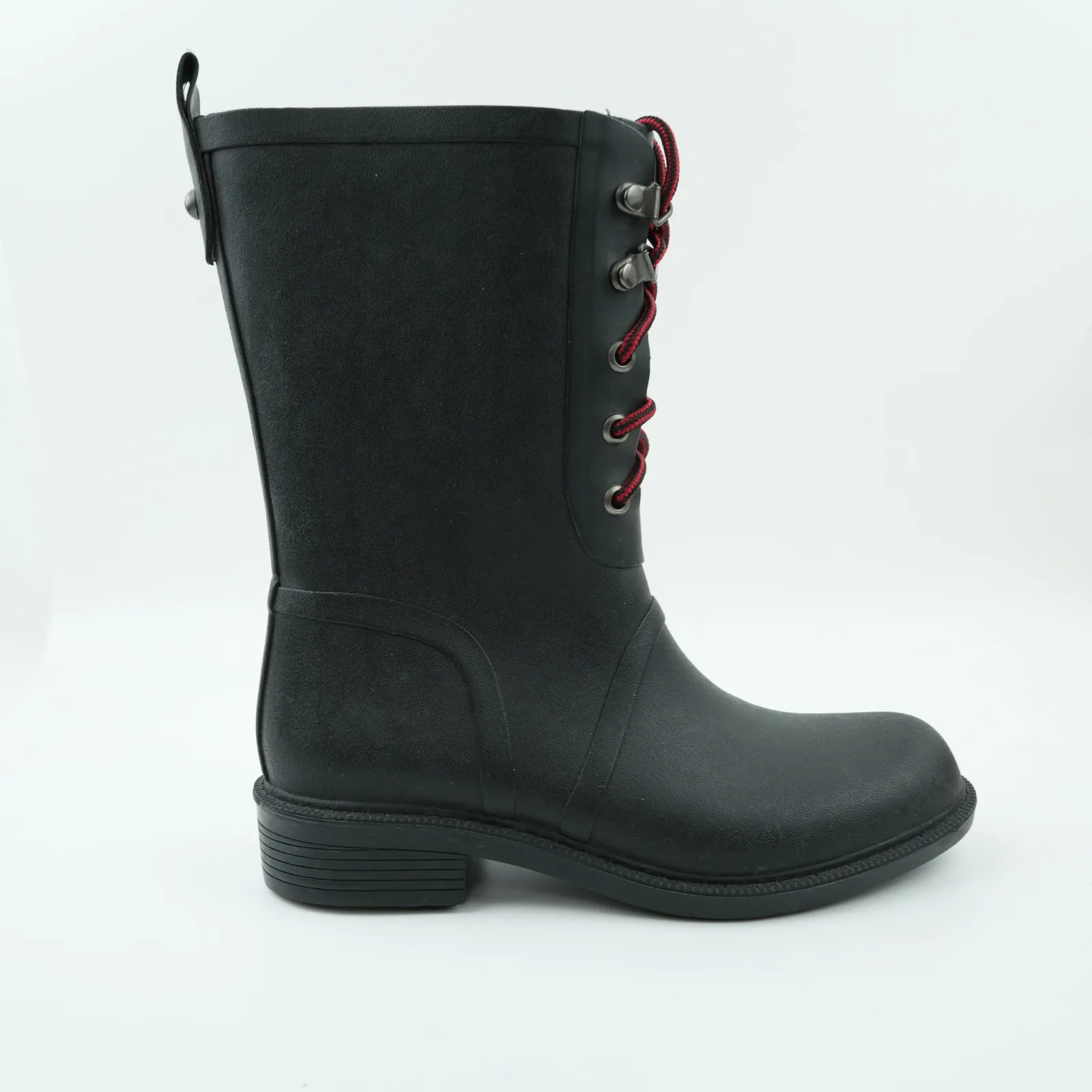 Merona Rain Boots Womens 6 Black Rubber Waterproof Lace Up Red Laces Utility - Image 3