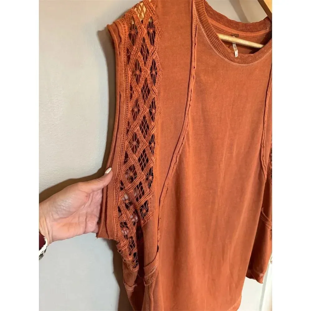 Free People Table for Two Tee Women's Orange Lace Sleeveless Top Size L Casual - Image 6