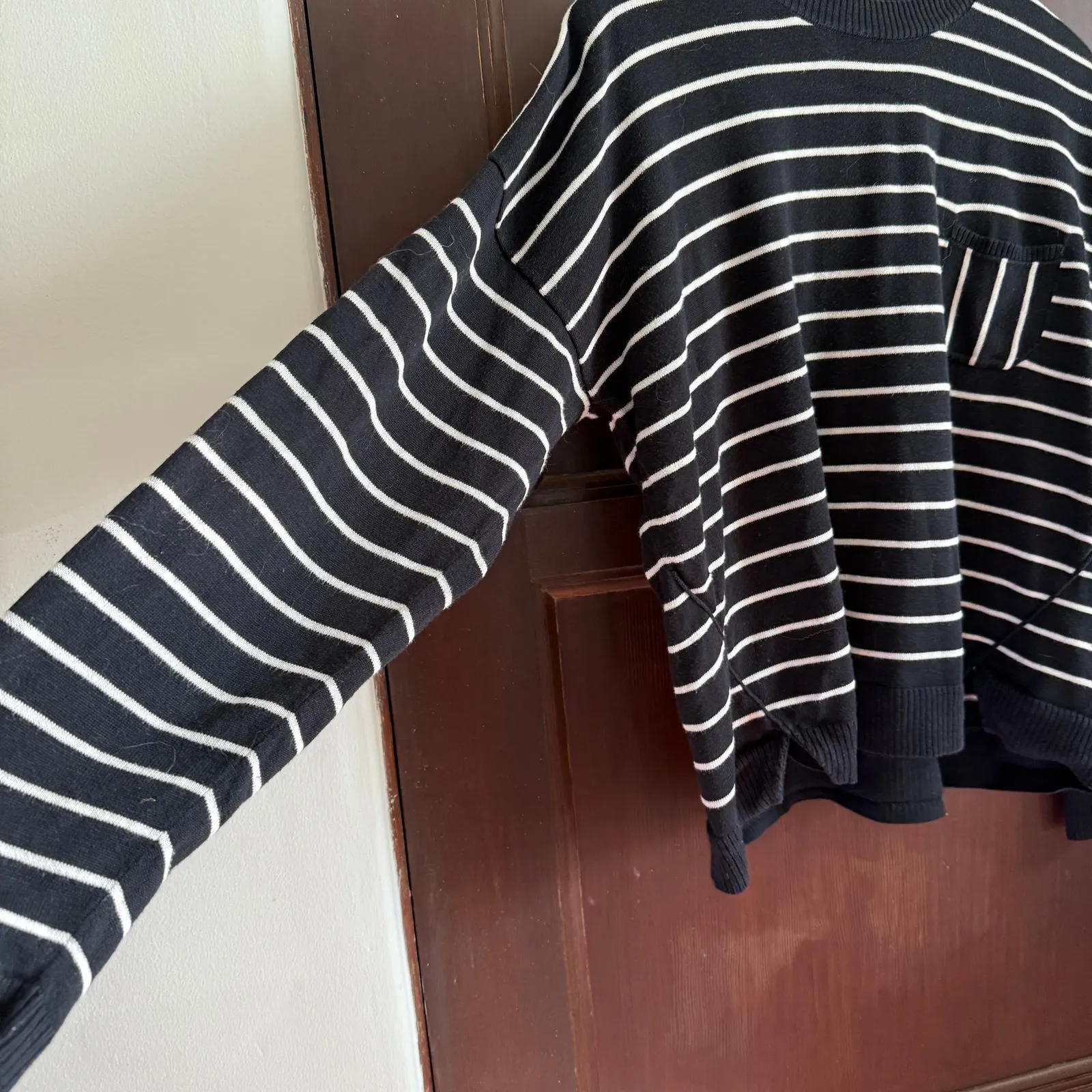 GARNET HILL | Black and white striped Chest Pocket Boxy Fit Sweater | Large - Image 3