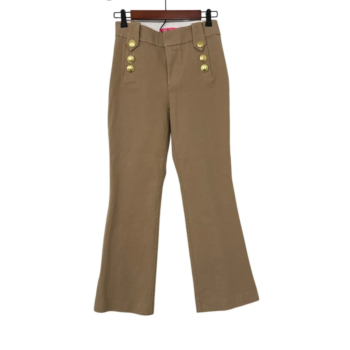 Lilly Pulitzer Sailor Wide Leg Khaki Tan Gold Button Front Pants Size Women's 2 - Image 2