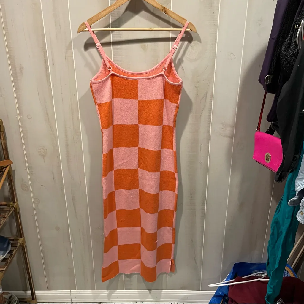 Cute pink orange checkerbord midi maxi bodycon sweater dress boho modern - Image 5