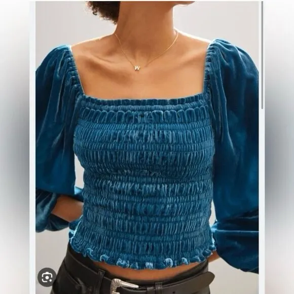 Anthropologie Smocked Puff Sleeve Blue Velvet Square Neck Long Sleeve Top - Image 4