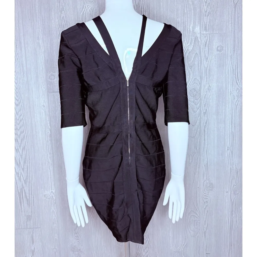 Venus black body con bando dress with strap detail shirt sleeve large zip back - Image 7