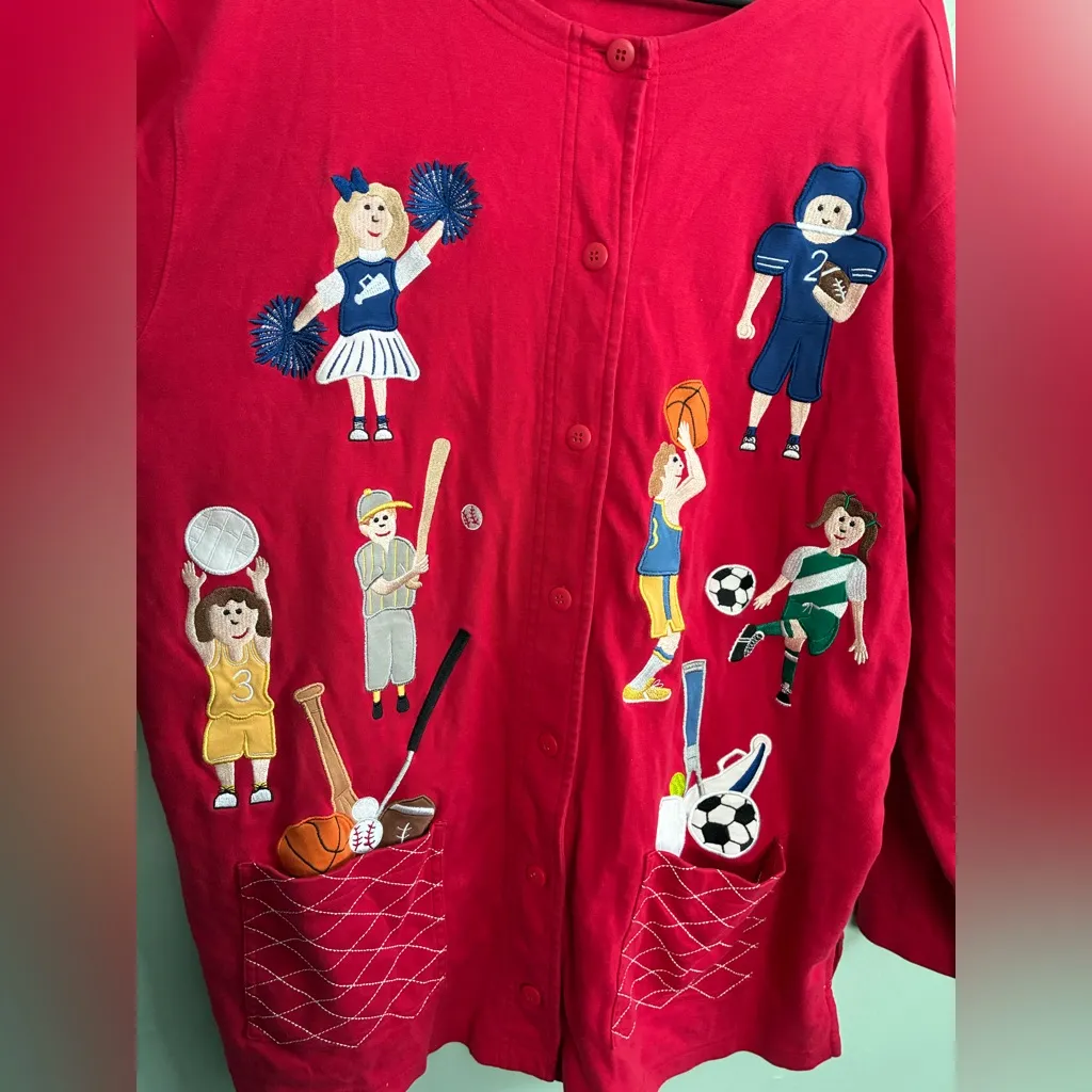 Bechamel Red Cardigan Embroidery Sports Gym Teacher School Kids Grandma XL - Image 3