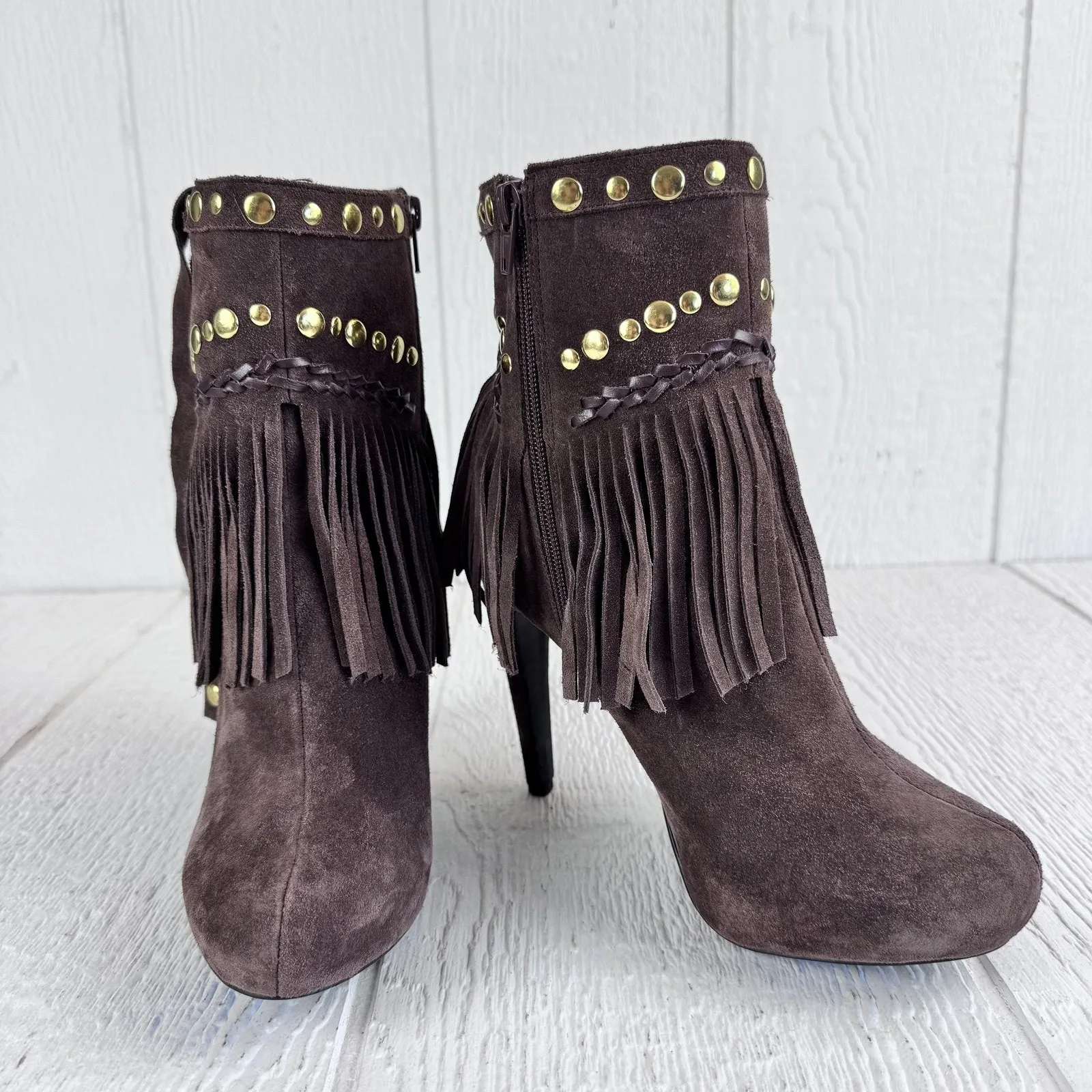 Boston Proper Boots Womens Size 9 Brown Suede Fringe Studded High Heel Booties - Image 3