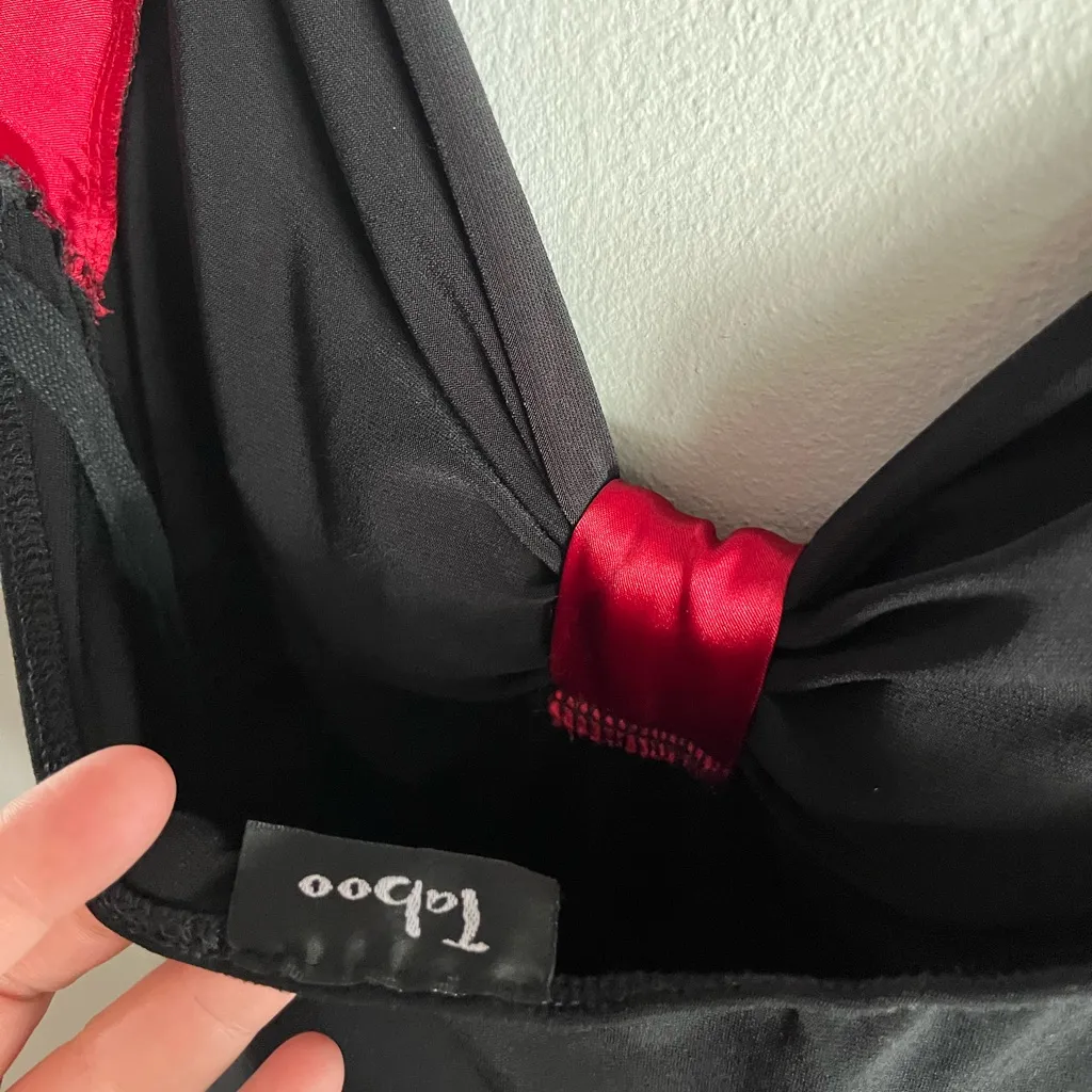 Y2K Taboo Black Red Halter Dress Satin Trim Jersey Stretch Pin Up XS - Image 9