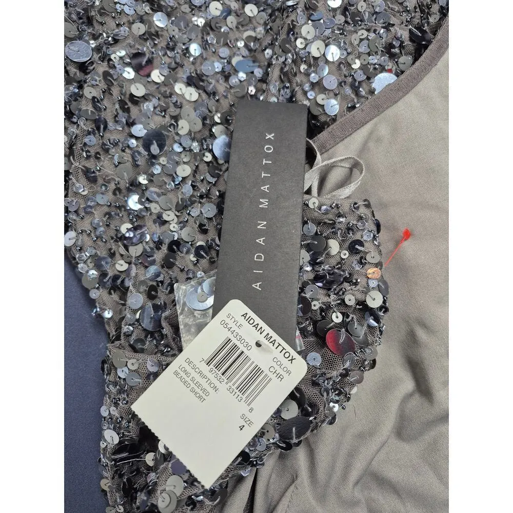 NWT Aidan Mattox Silver Fully Sequined Party Dress Long Sleeve Mini Dress Sz 4 - Image 5