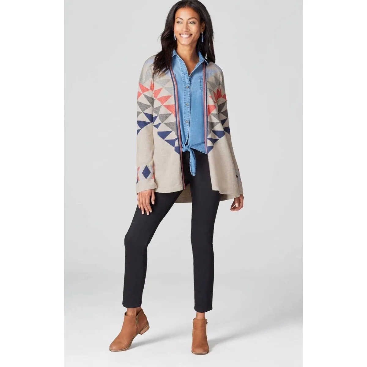 J Jill Womens Intarsia Open Front Cardigan Sz MP | Aztec Western Academia Boho Tan - Image 9