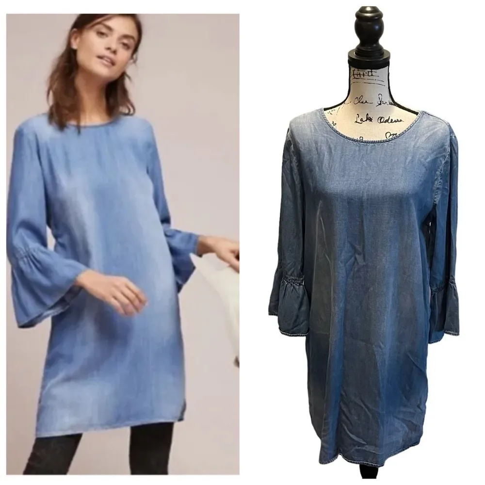 Anthropologie Cloth & Stone Denim Chambray Dress Blue Size Medium Bell Sleeves - Image 2