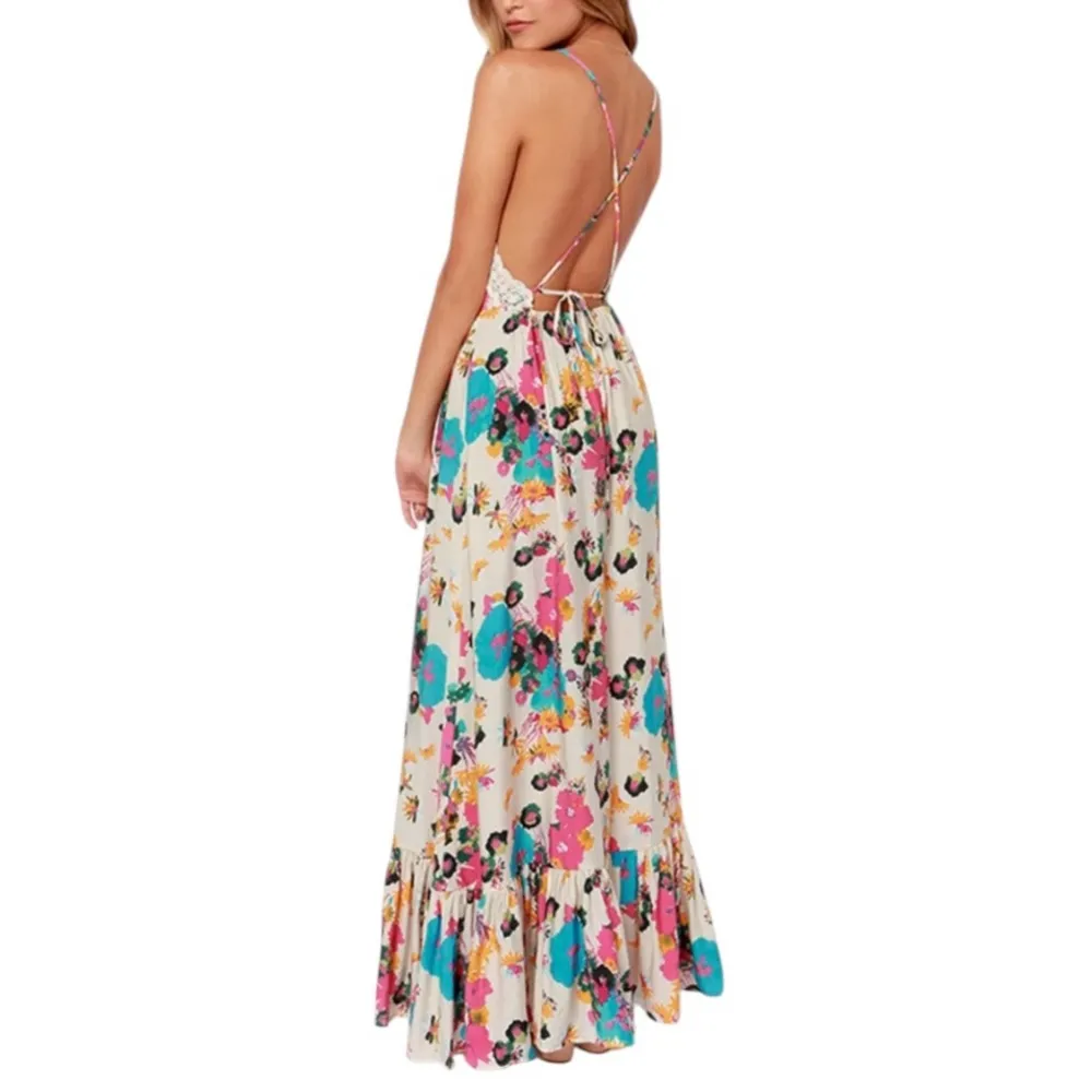 Meghan LA Floral Summer Maxi Dress Strappy Backless Lace Trim Boho Size Small - Image 2