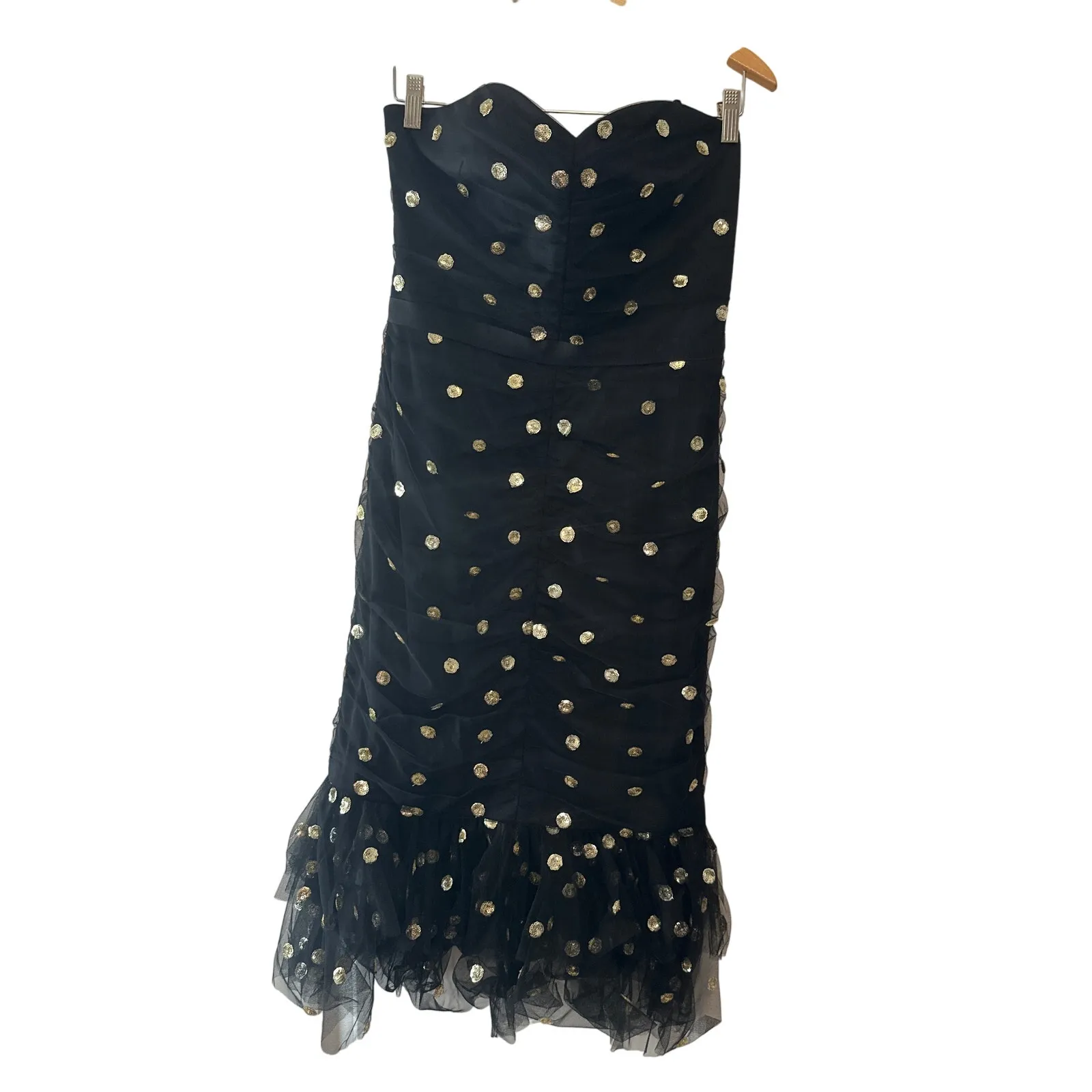 Marchesa Notte NWT Strapless Black Gold Sequin Polka Dot Tulle Midi Dress Sz 8 - Image 3