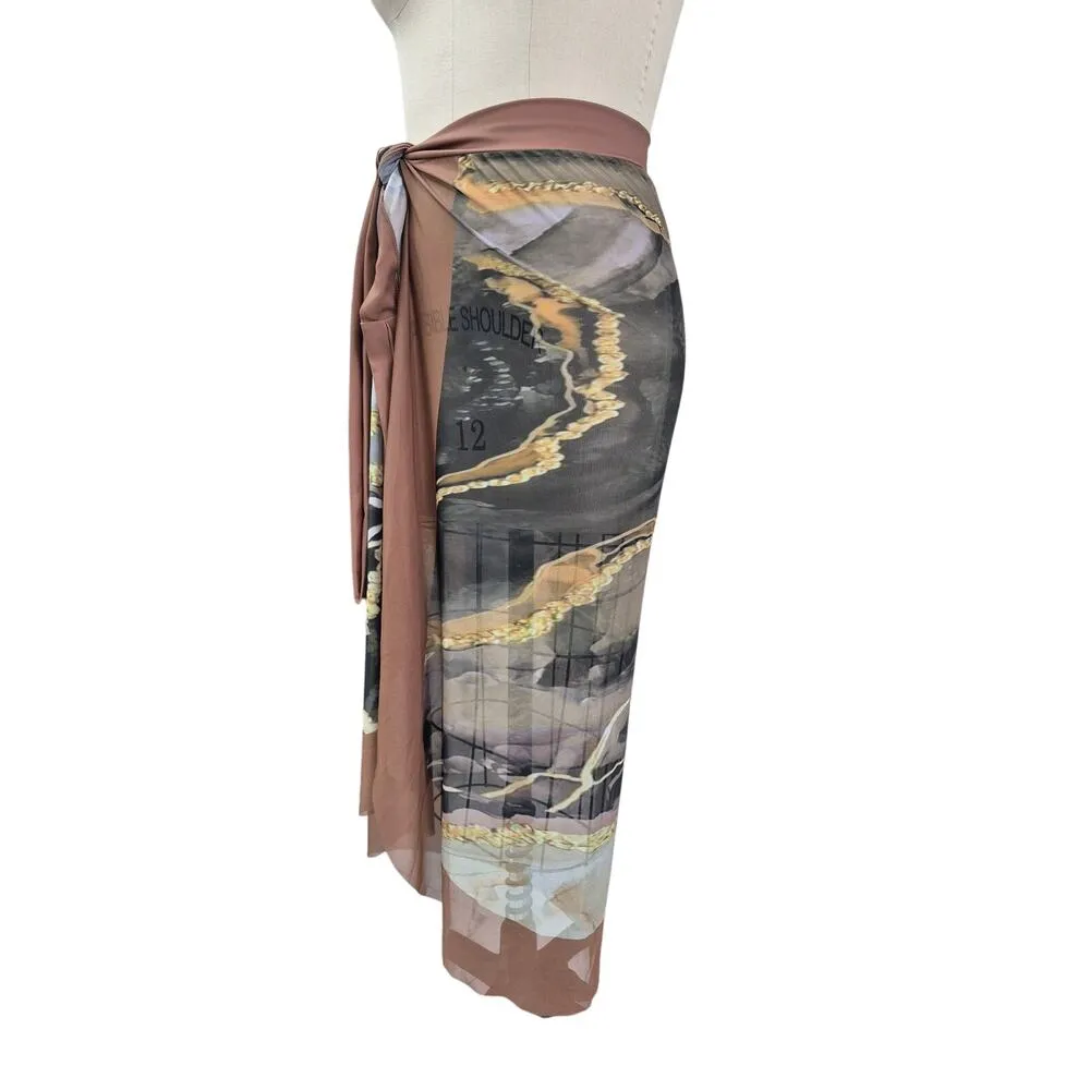 NWOT 1PC Bathing Suit+ Long Sarong Cover Up Set Brown/Gold Marble Sz XL Brown - Image 5