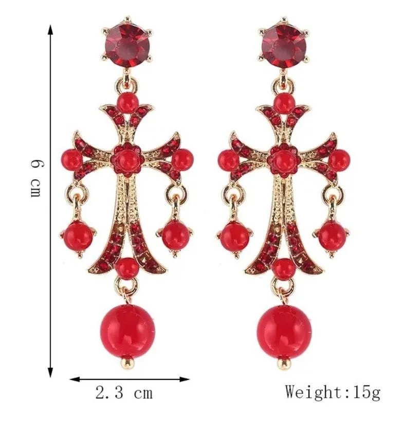 Red Crystal Beaded Stud Drop Dangle Earrings - Image 2