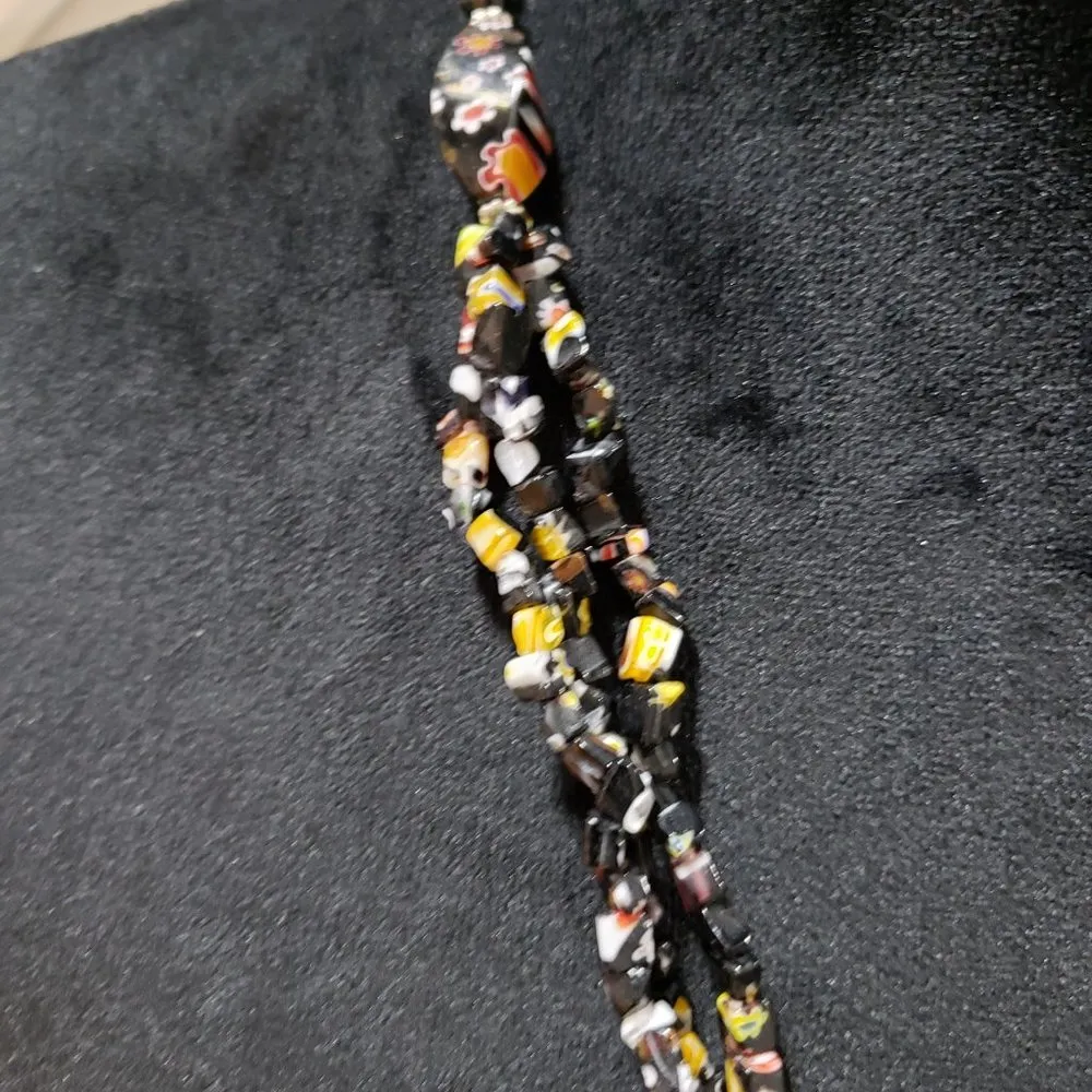 Womens Multicolor Rare Venetian Flower Trade Beads Long Necklace Black - Image 5