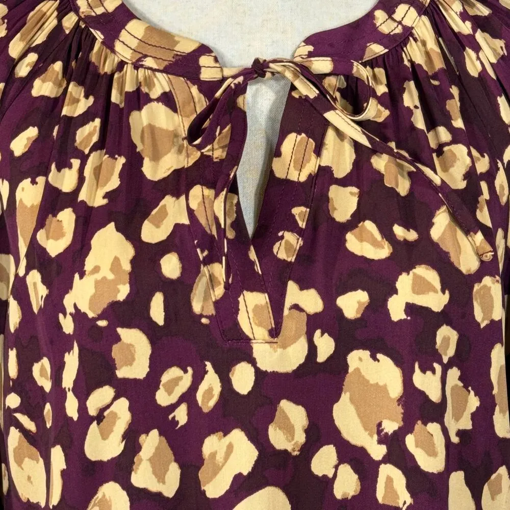 Nine West Medium Top Leopard Print Tie Keyhole V-Neck Long Balloon Sleeve Plum - Image 2