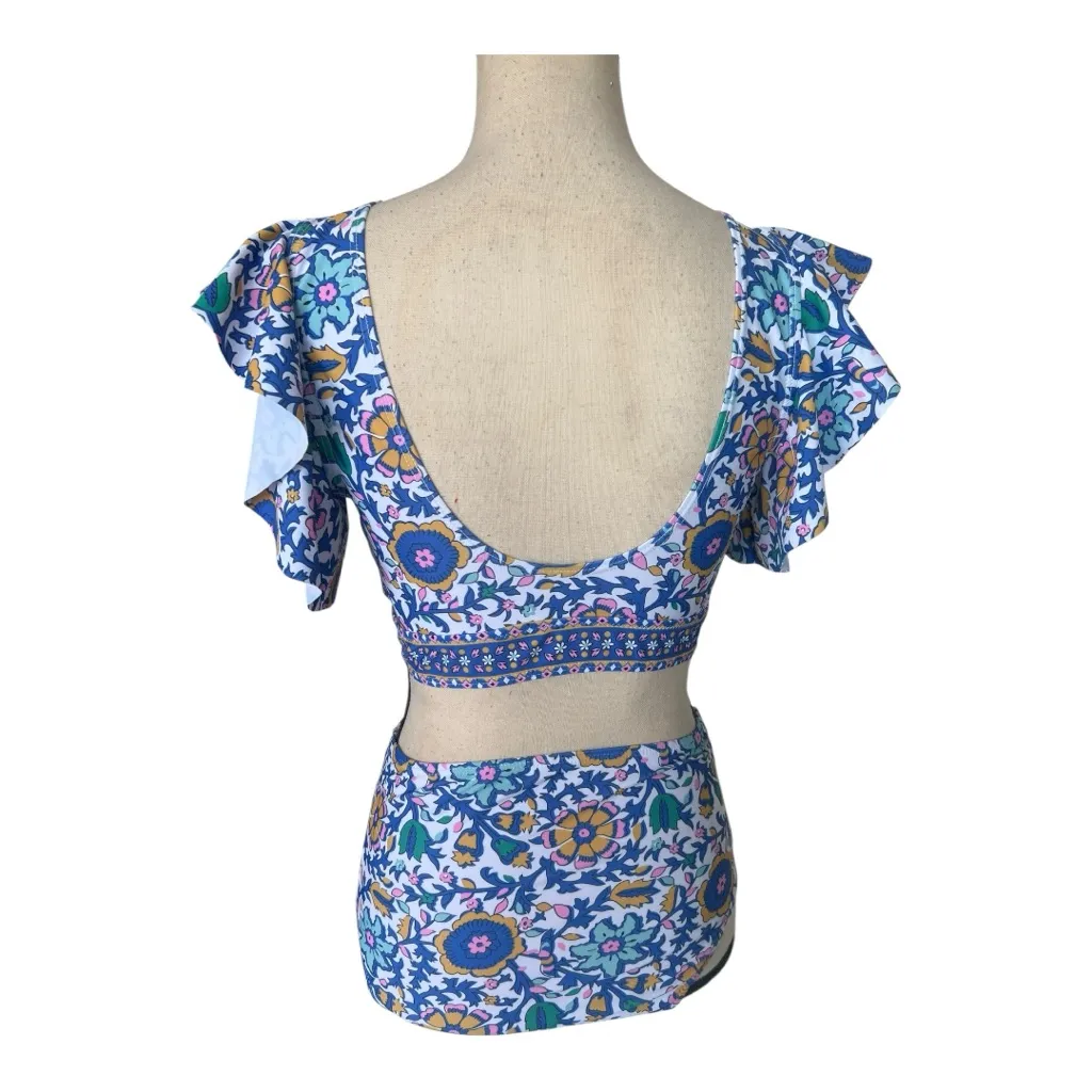 Soucrat Ruffle High Waisted Two Piece Tropical Print Push Up Swimsuit Size S Blue - Image 3