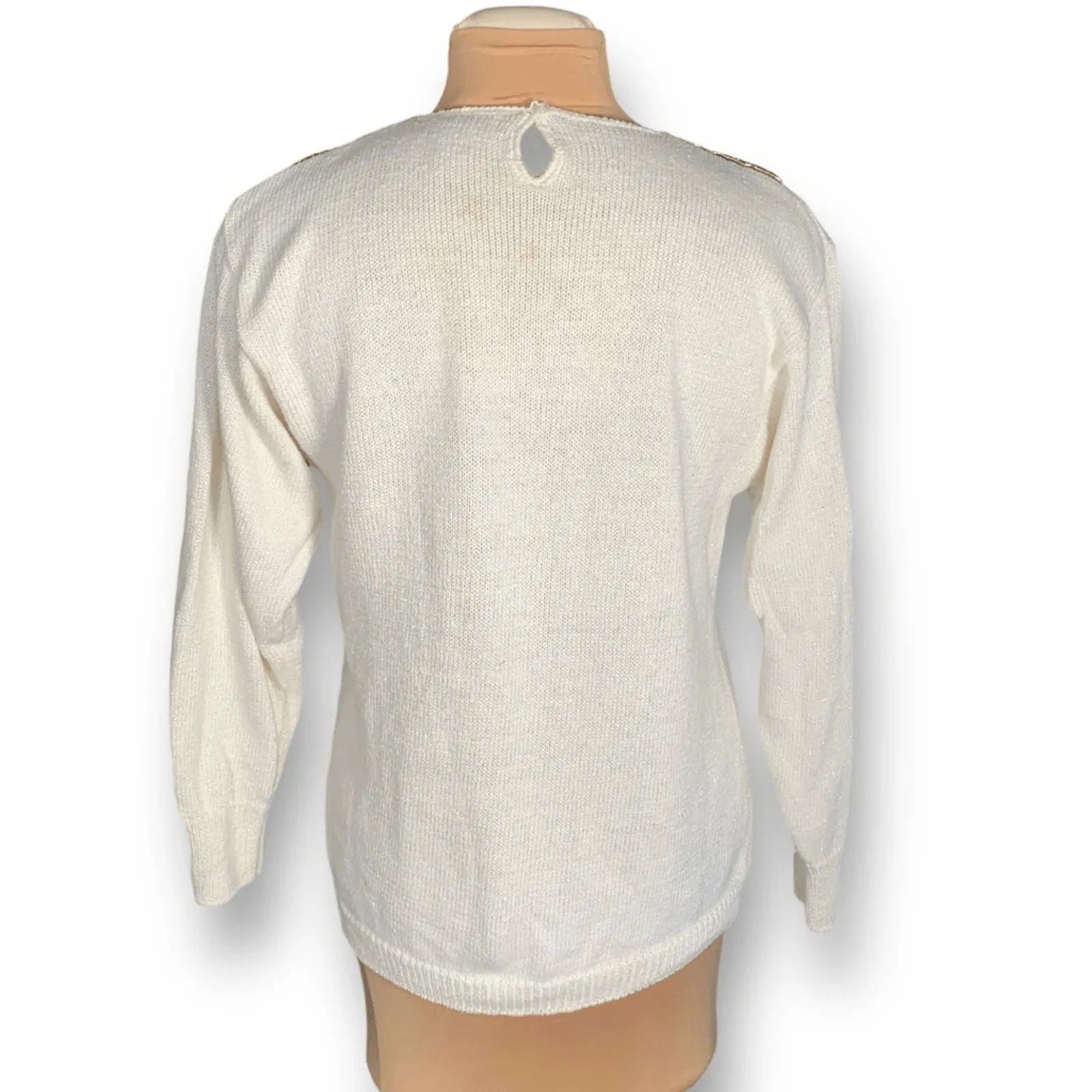 Vintage 80s Cream Sweater Beaded Sequin Floral Statement Holiday Party Knit Black Size L - Image 4