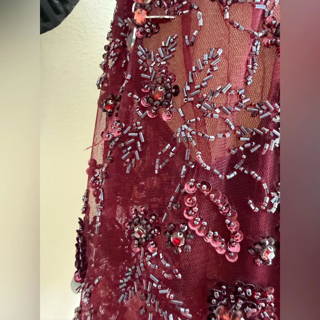 Rachel Allan Burgundy Sequin Beaded Halter Long Sleeve Top, Size 8 Red - Image 3