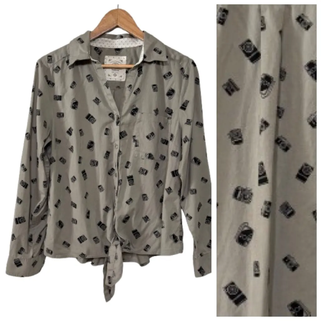 Style & Co Photography Taupe Black Novelty Print Camera Button Up Shirt Size M - Image 2