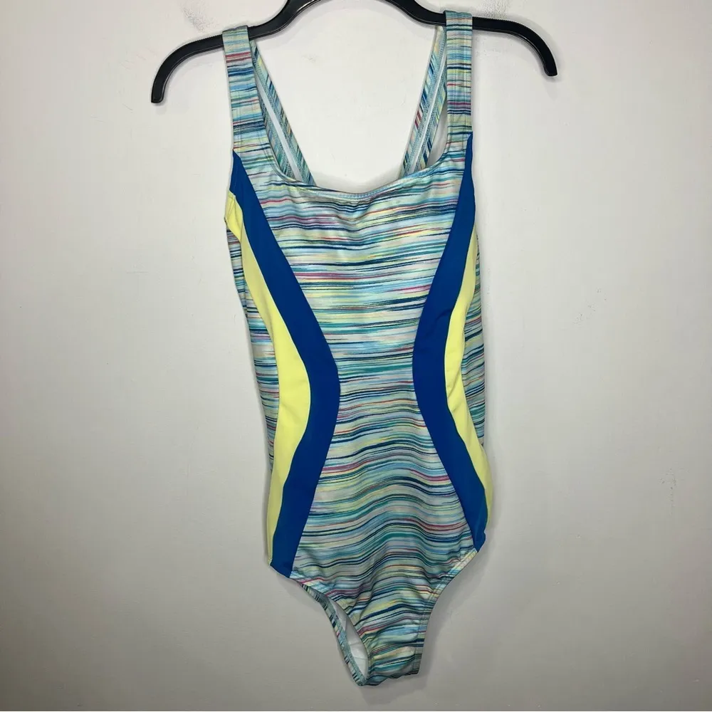 Lands’‎ End multicolor one piece swimsuit size 10L blue yellow space dyed - Image 2