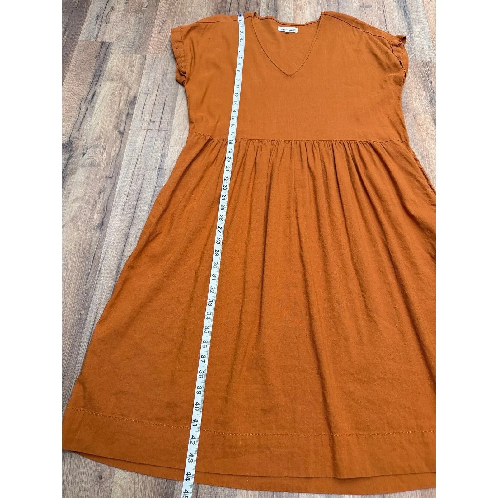 LOFT Linen Blend Babydoll Midi Dress Rust Orange V-Neck Short Sleeve Size L‎ - Image 8