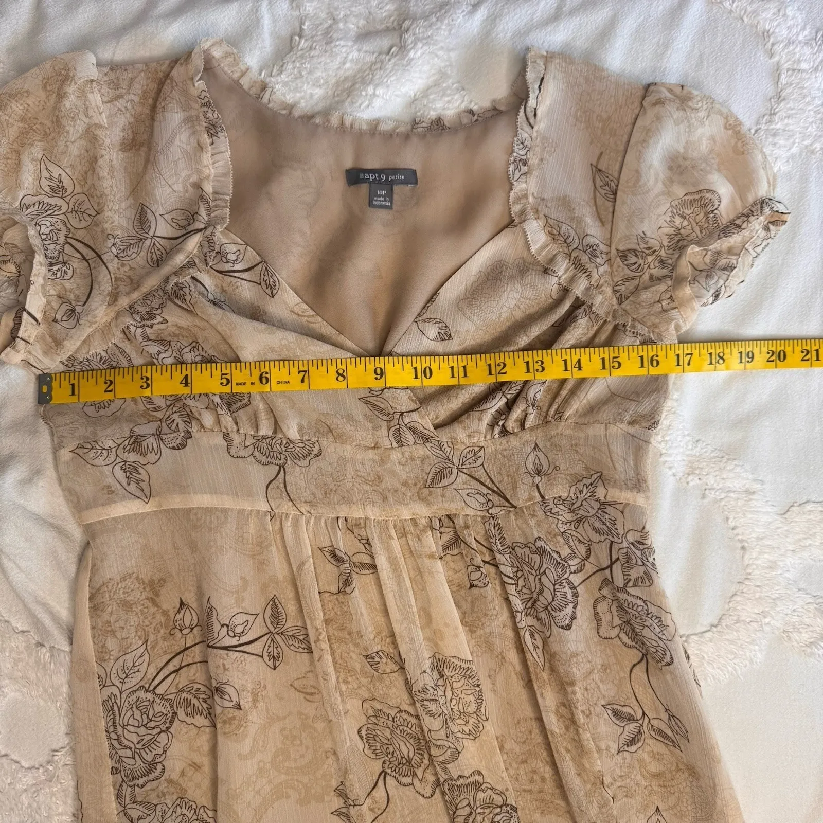 APT.9 tan 10P short sleeve dress Neutral Puff Sleeve Baby Doll Floral‎ Brown - Image 13